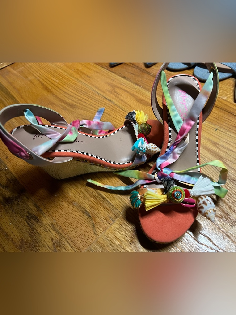 Betsey Johnson Multicolor Tie-Dye Ribbon & Orange Sandals - Picture 2 of 5